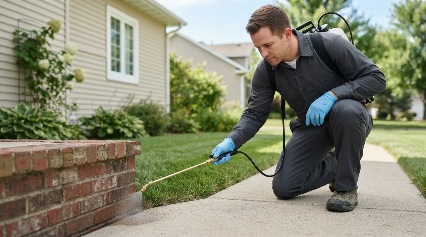 Pest control technician treating a home near Grindstone, PA